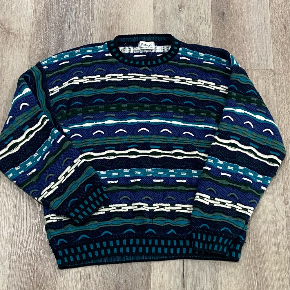 Vintage 90s Protégé Tag 3D Texture Pattern Knit Sweater Multicolor Coogi USA Vtg